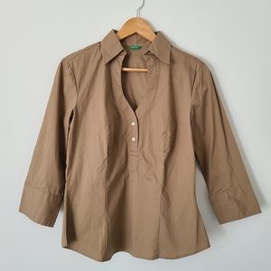 United Colors of Benetton Cotton Stretch Blouse 3/4 Sleeve in Tan Size L